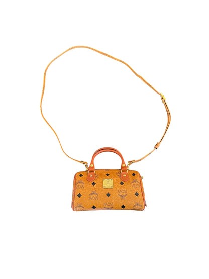 MCM Mini Boston Bag in Cognac Visetos w/ Crossbody Strap