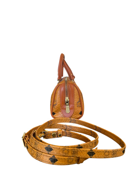 MCM Mini Boston Bag in Cognac Visetos w/ Crossbody Strap
