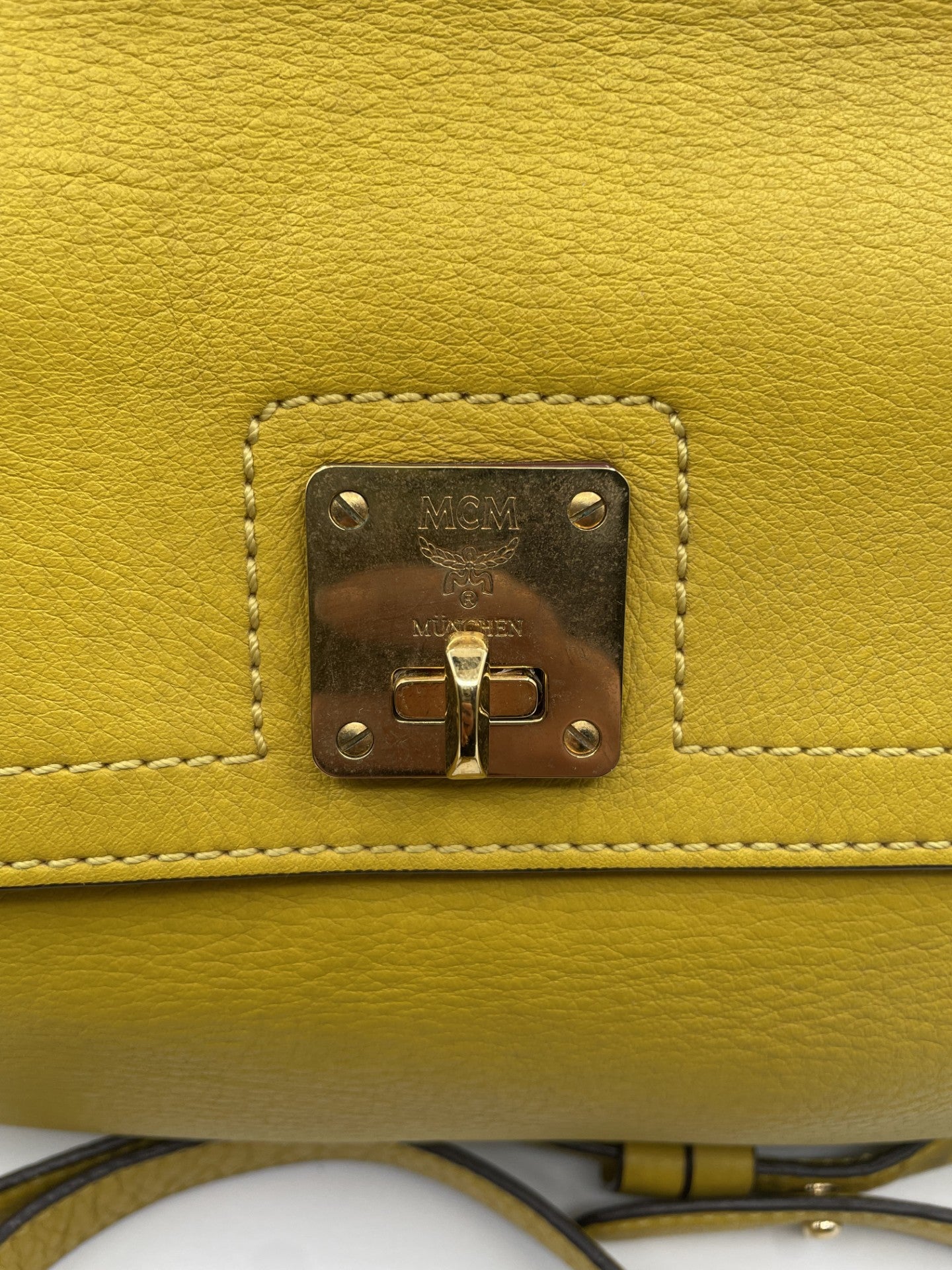 MCM Leather Crossbody Satchel Top Handle Bag Gold Hardware- Mustard