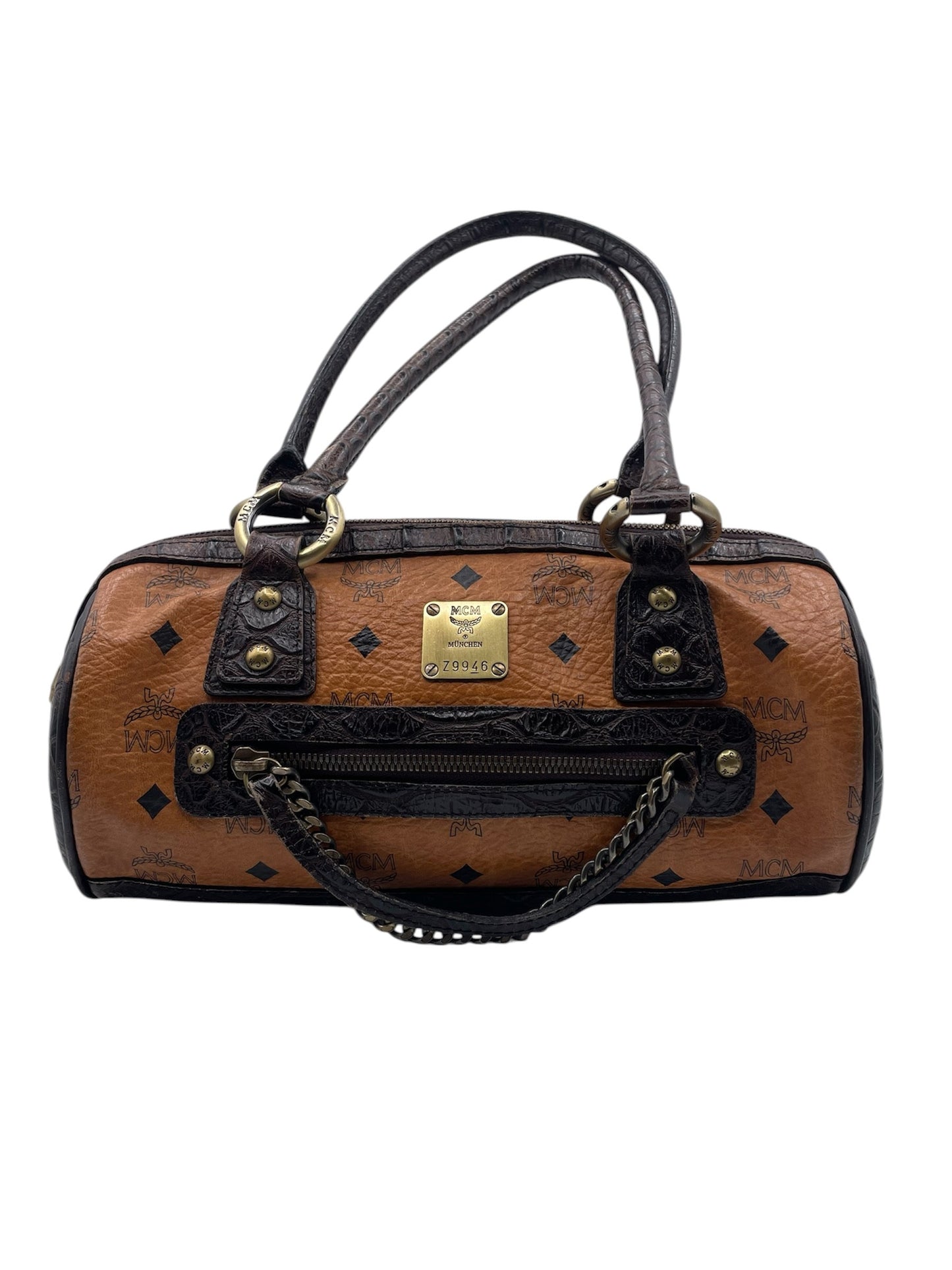 MCM Visetos Papillon Barrel Bag Monogram with Croc Embossed Leather & Chain Detail – Cognac