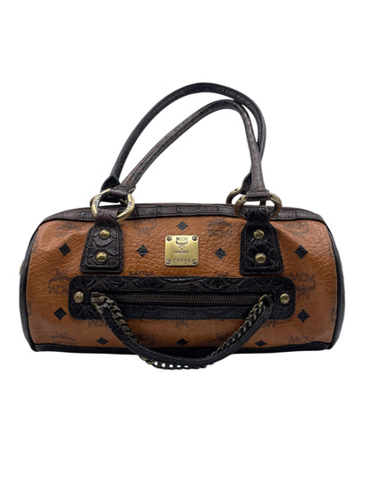 MCM Visetos Papillon Barrel Bag Monogram with Croc Embossed Leather & Chain Detail – Cognac