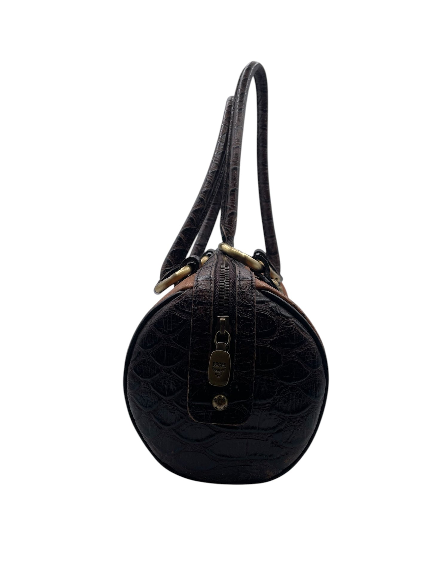 MCM Visetos Papillon Barrel Bag Monogram with Croc Embossed Leather & Chain Detail – Cognac
