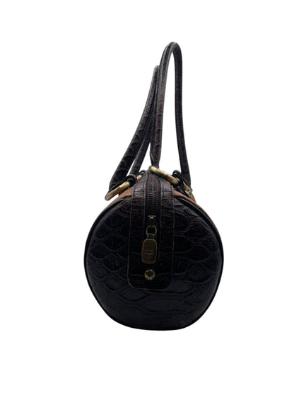 MCM Visetos Papillon Barrel Bag Monogram with Croc Embossed Leather & Chain Detail – Cognac