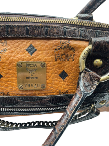 MCM Visetos Papillon Barrel Bag Monogram with Croc Embossed Leather & Chain Detail – Cognac
