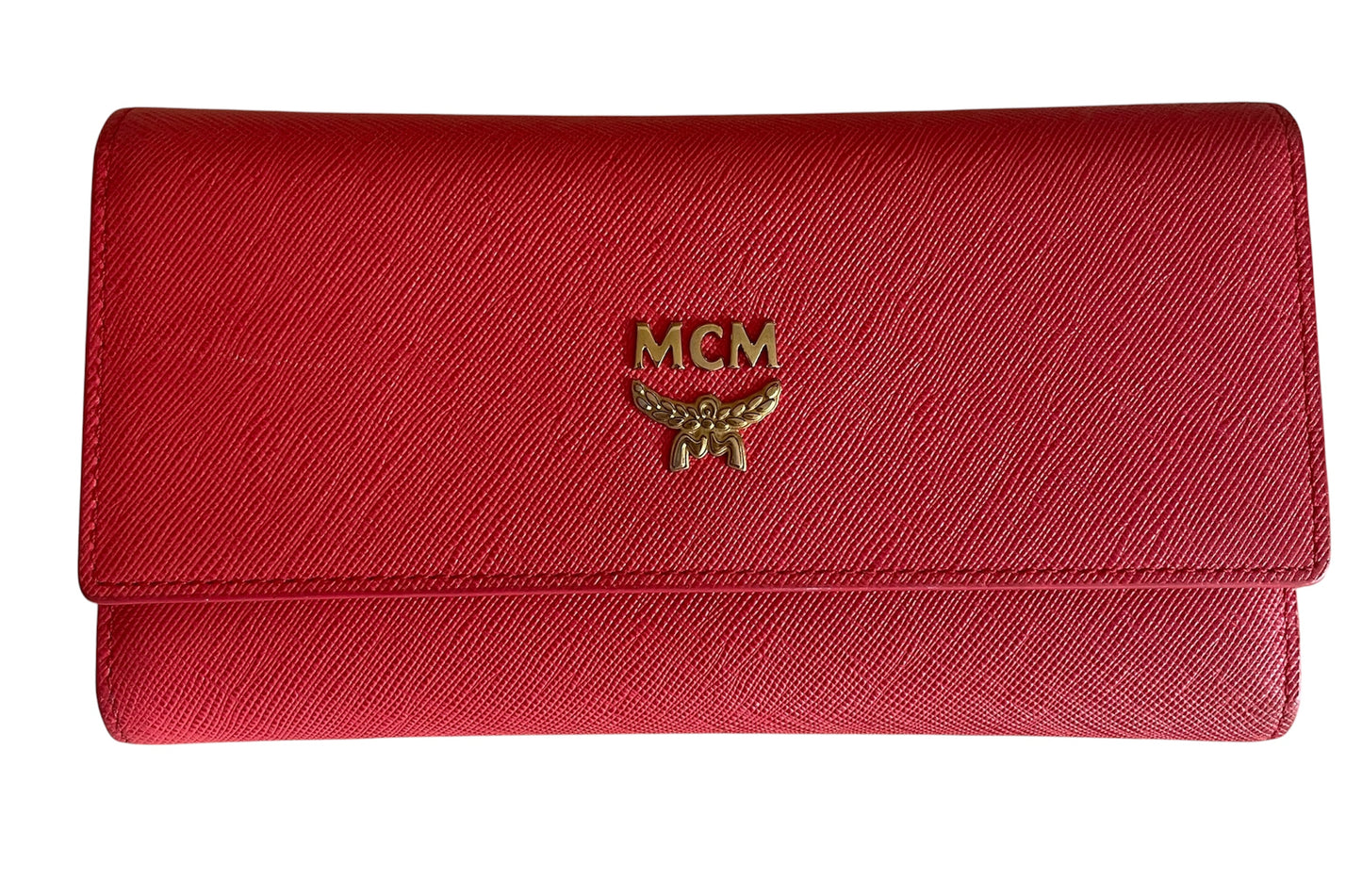 MCM Textured Leather Flap Wallet w/ Gold Logo Hardware- Red