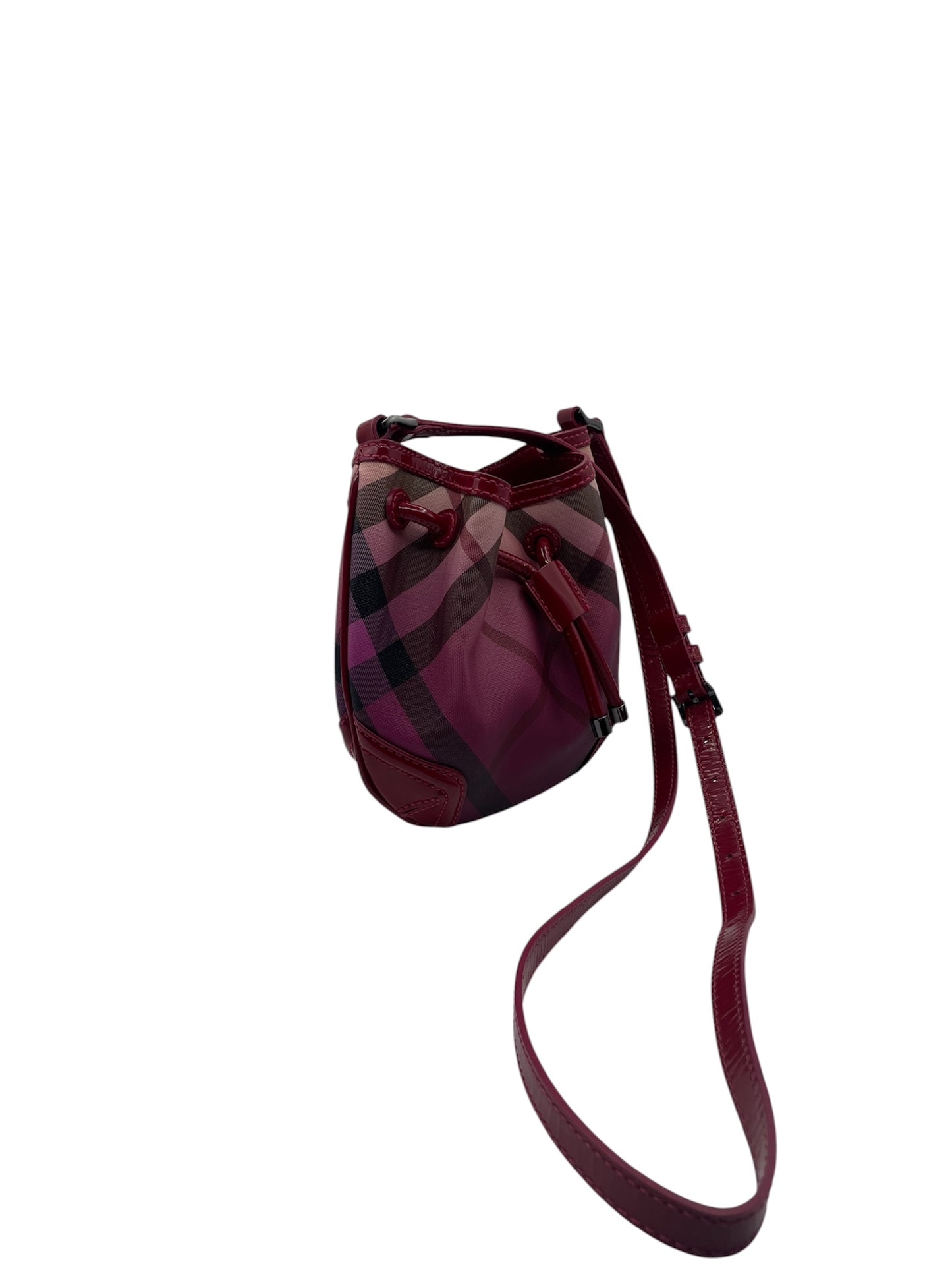 Burberry Raspberry Gradient Check Drawstring Bucket Bag in Burgundy Patent Leather