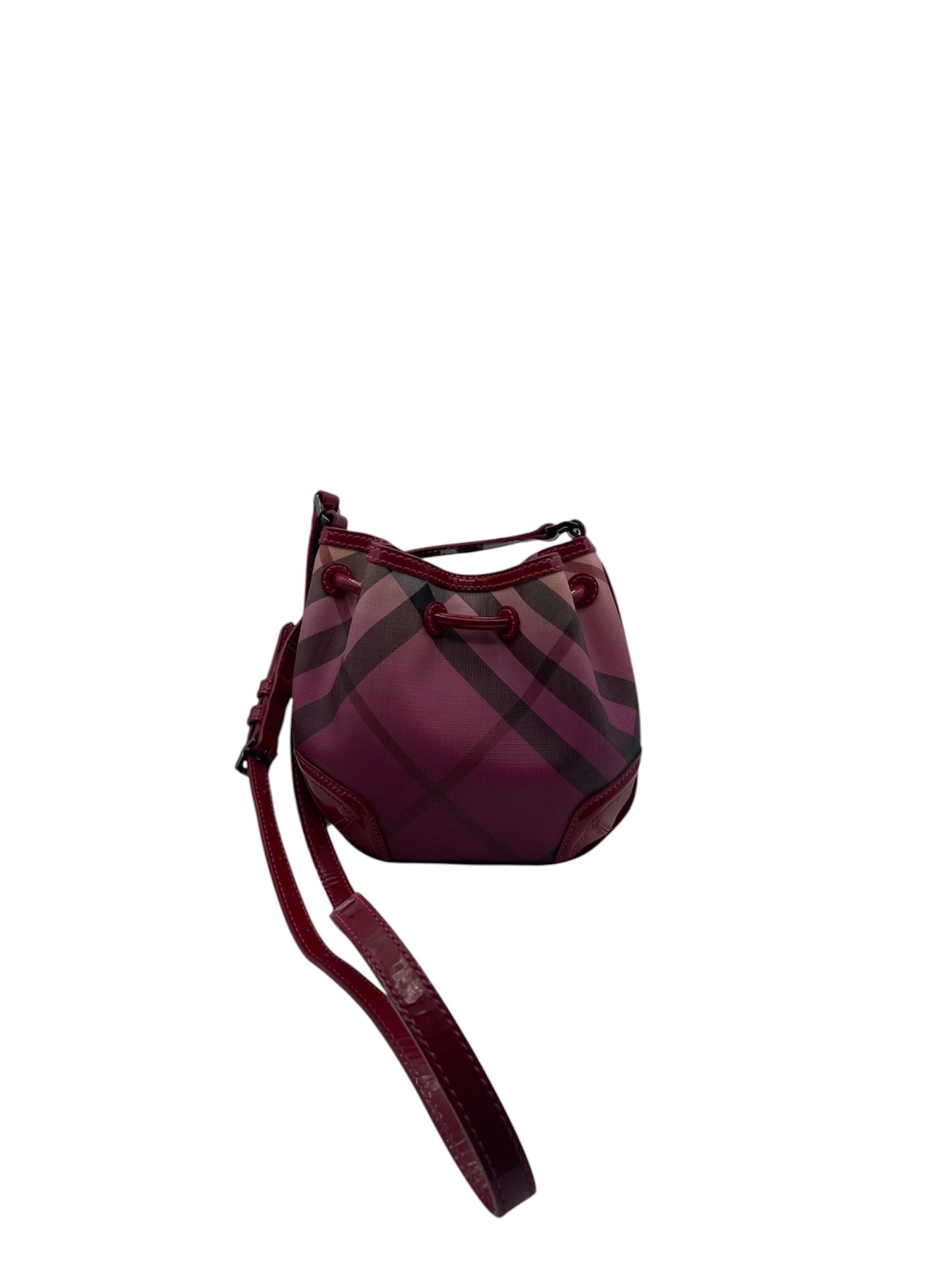 Burberry Raspberry Gradient Check Drawstring Bucket Bag in Burgundy Patent Leather