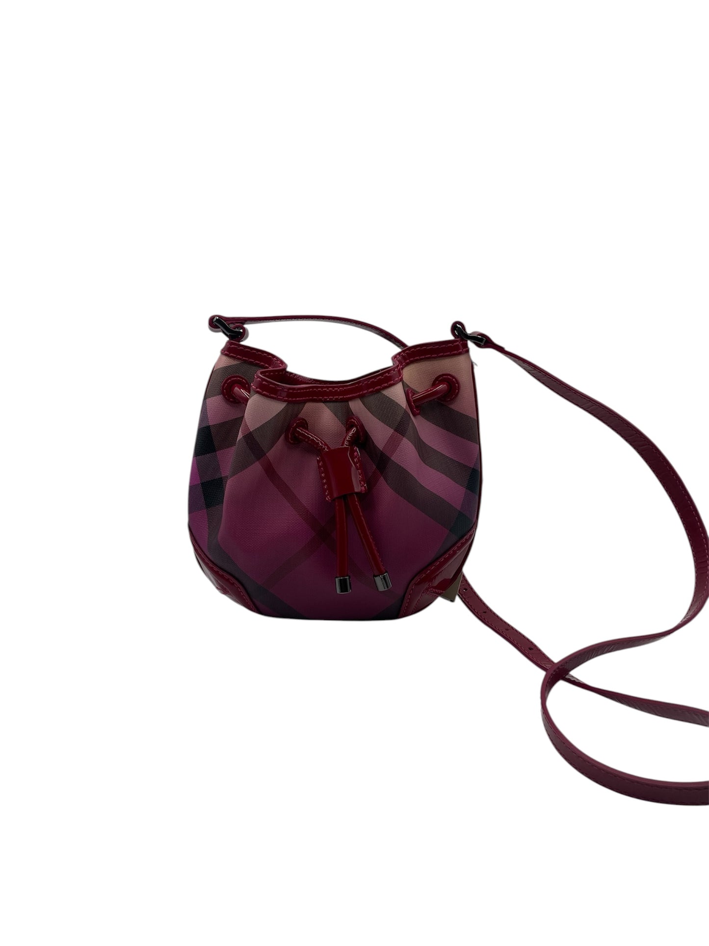 Burberry Raspberry Gradient Check Drawstring Bucket Bag in Burgundy Patent Leather