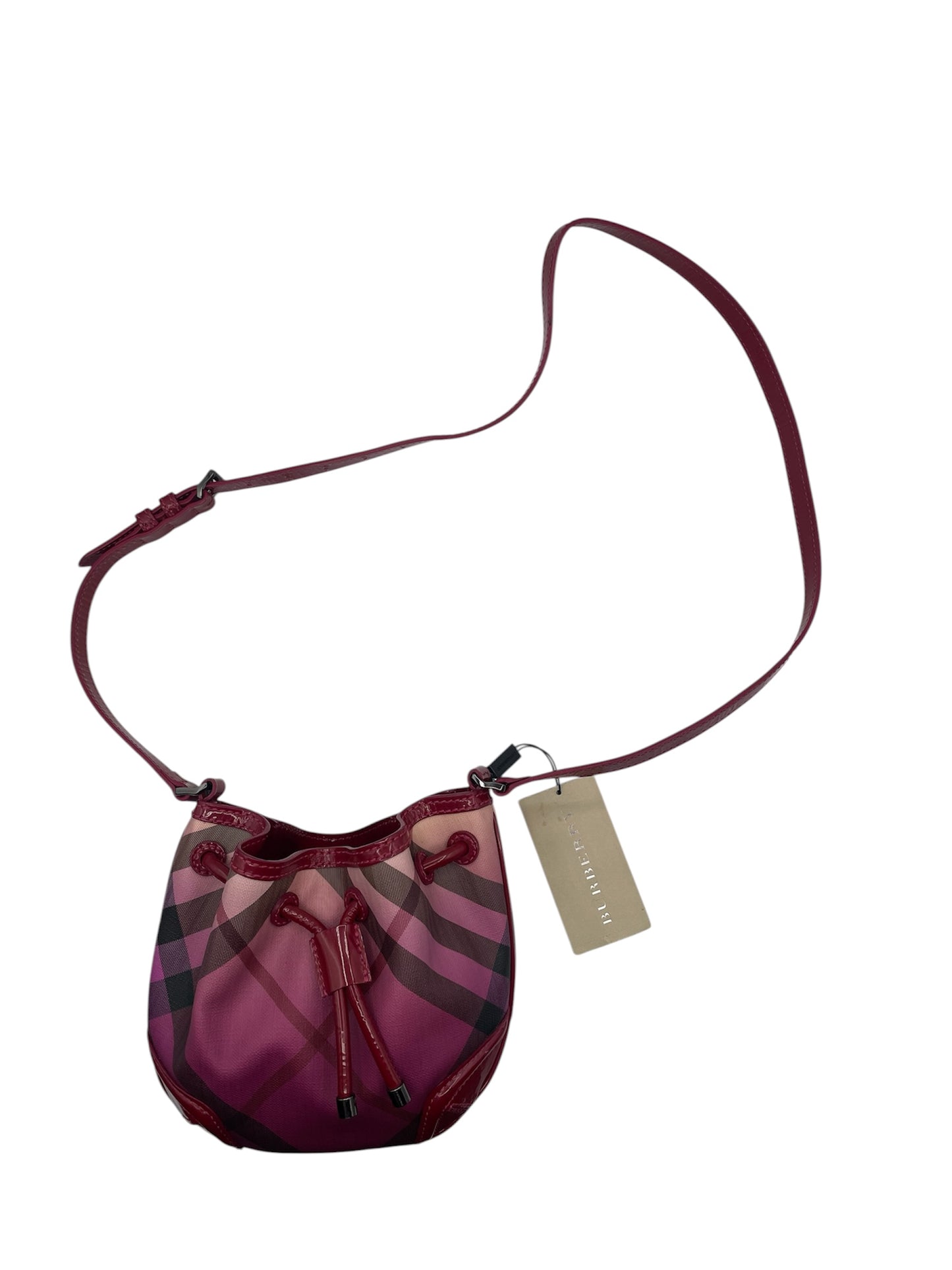 Burberry Raspberry Gradient Check Drawstring Bucket Bag in Burgundy Patent Leather