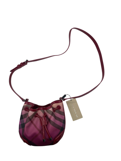 Burberry Raspberry Gradient Check Drawstring Bucket Bag in Burgundy Patent Leather