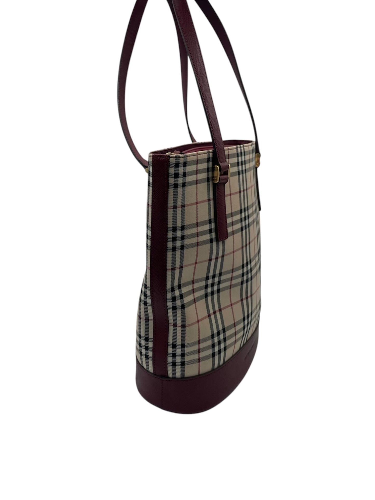Burberry Classic Check Tote-  Burgundy Leather Trim