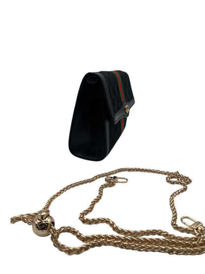 Gucci GG Embossed Ophidia-Family Chain Shoulder Bag w/ Web Stripe- Black