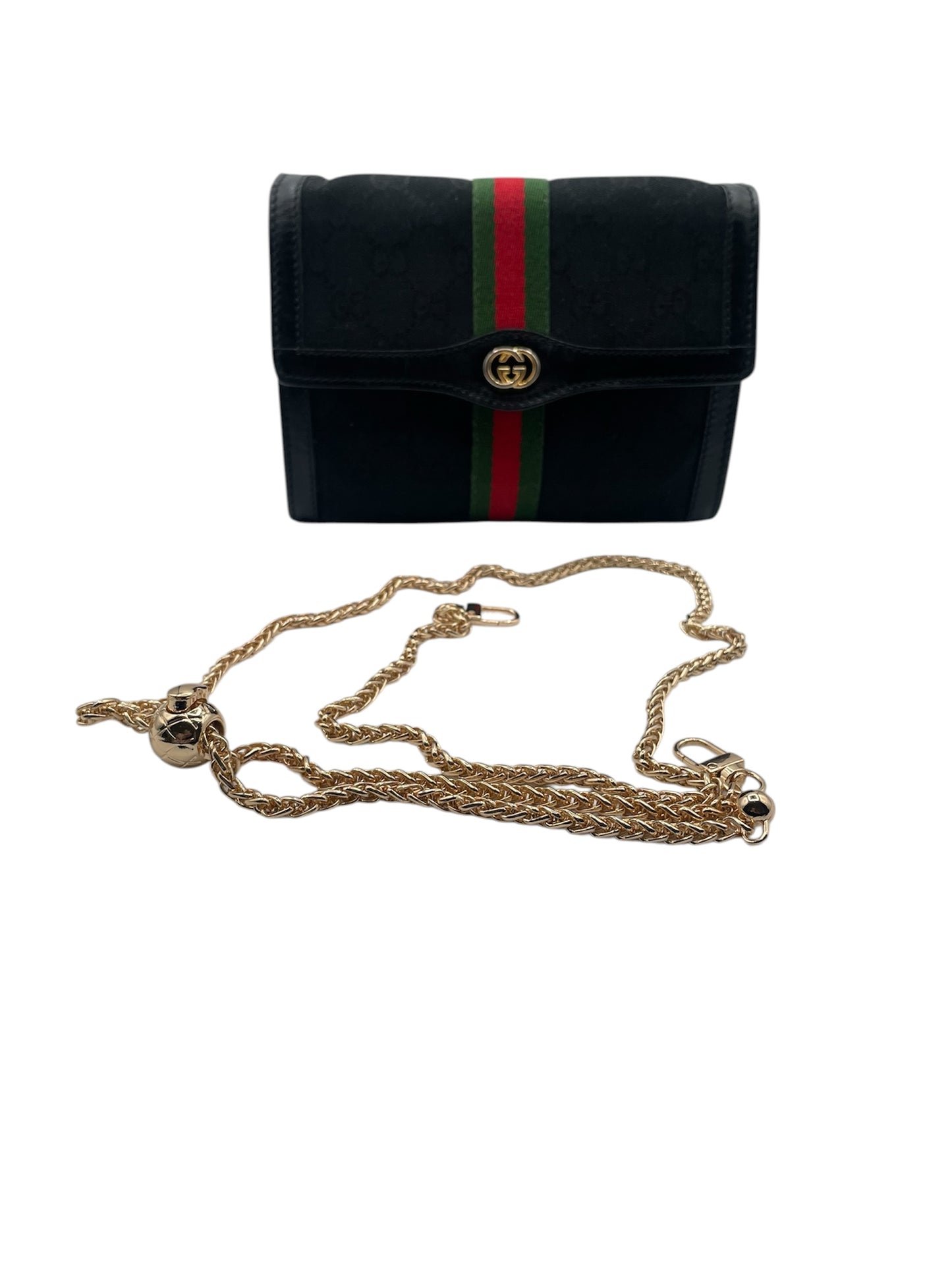 Gucci GG Embossed Ophidia-Family Chain Shoulder Bag w/ Web Stripe- Black