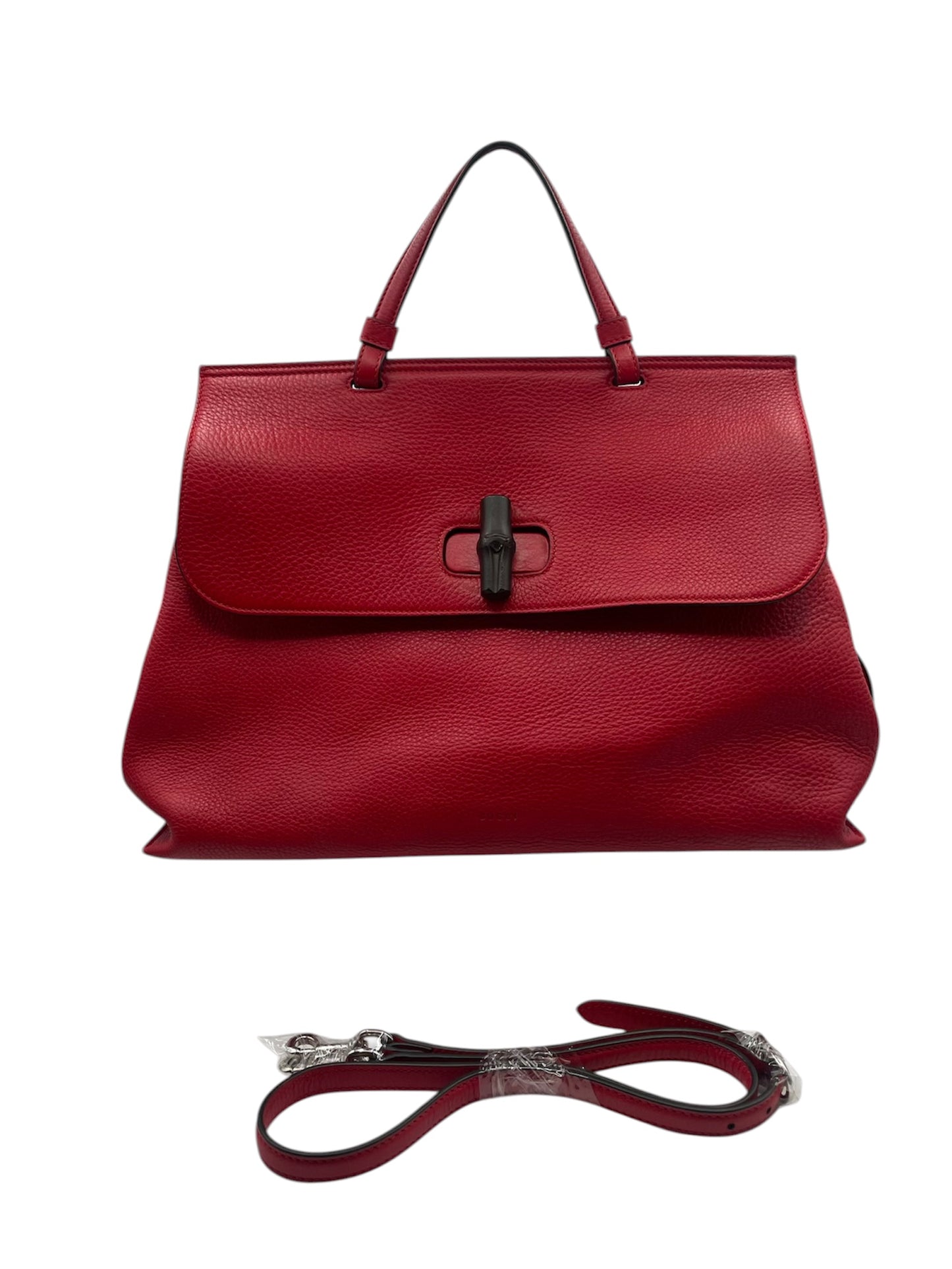 Gucci Pebbled Calfskin Top‑Handle Flap Bag w/ Strap- Red