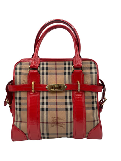 Burberry Haymarket Check Tote – Red Leather Trim & Gold Hardware