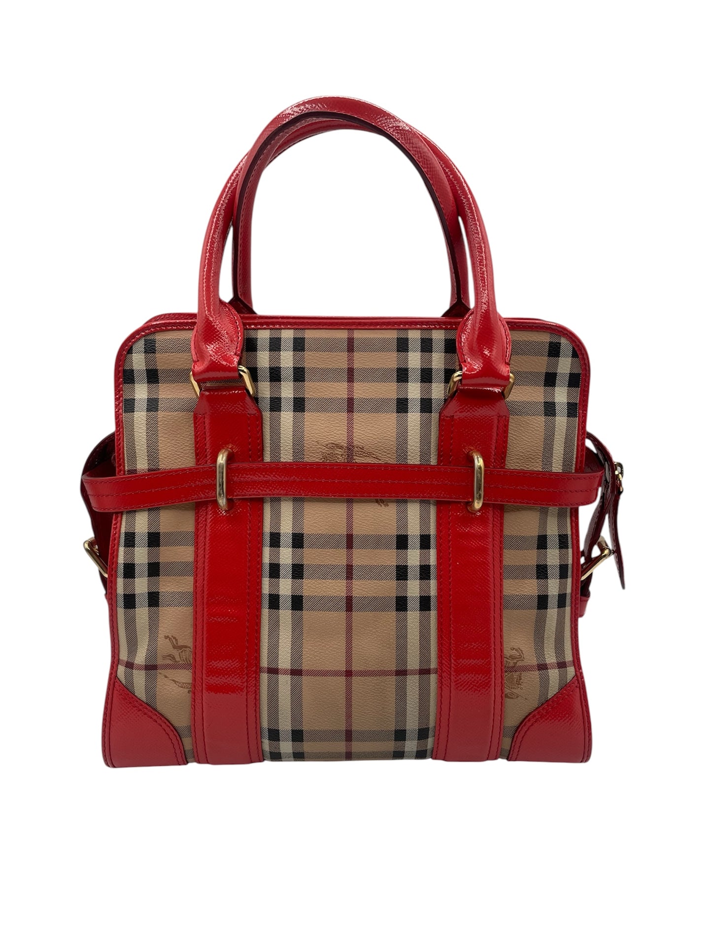 Burberry Haymarket Check Tote – Red Leather Trim & Gold Hardware