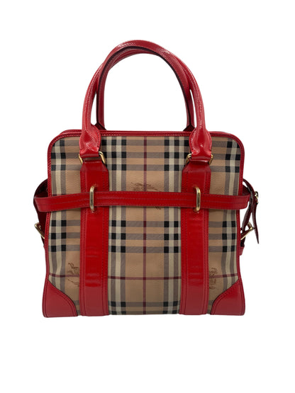 Burberry Haymarket Check Tote – Red Leather Trim & Gold Hardware