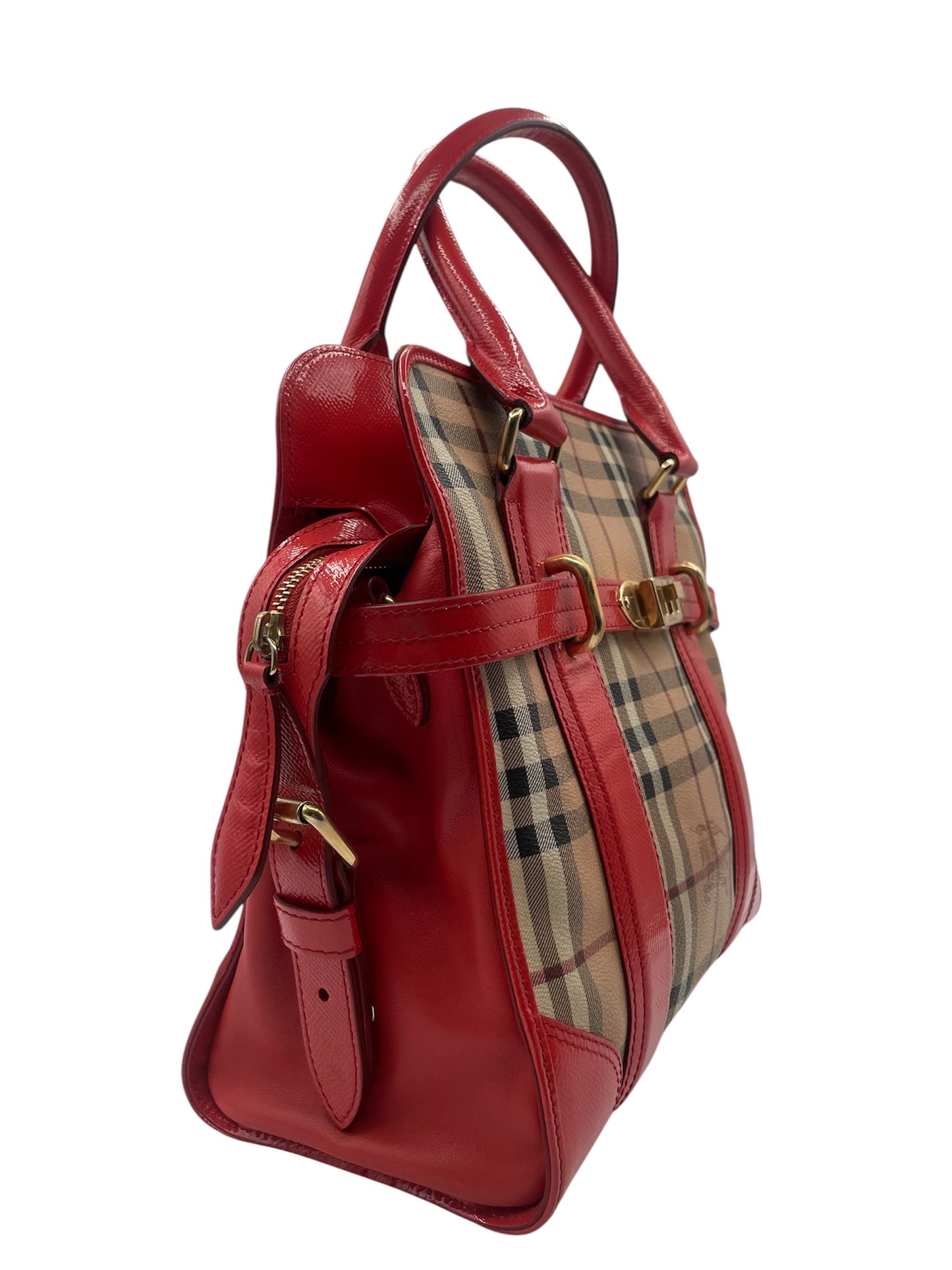 Burberry Haymarket Check Tote – Red Leather Trim & Gold Hardware
