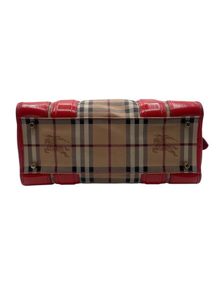 Burberry Haymarket Check Tote – Red Leather Trim & Gold Hardware