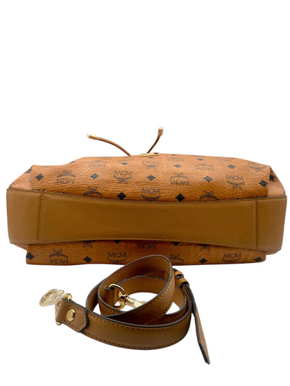 MCM Visetos Drawstring Tote – Cognac Monogram Leather w/Top Handles & Strap