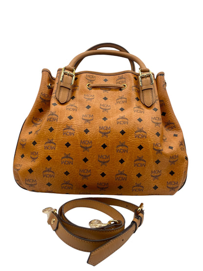 MCM Visetos Drawstring Tote – Cognac Monogram Leather w/Top Handles & Strap