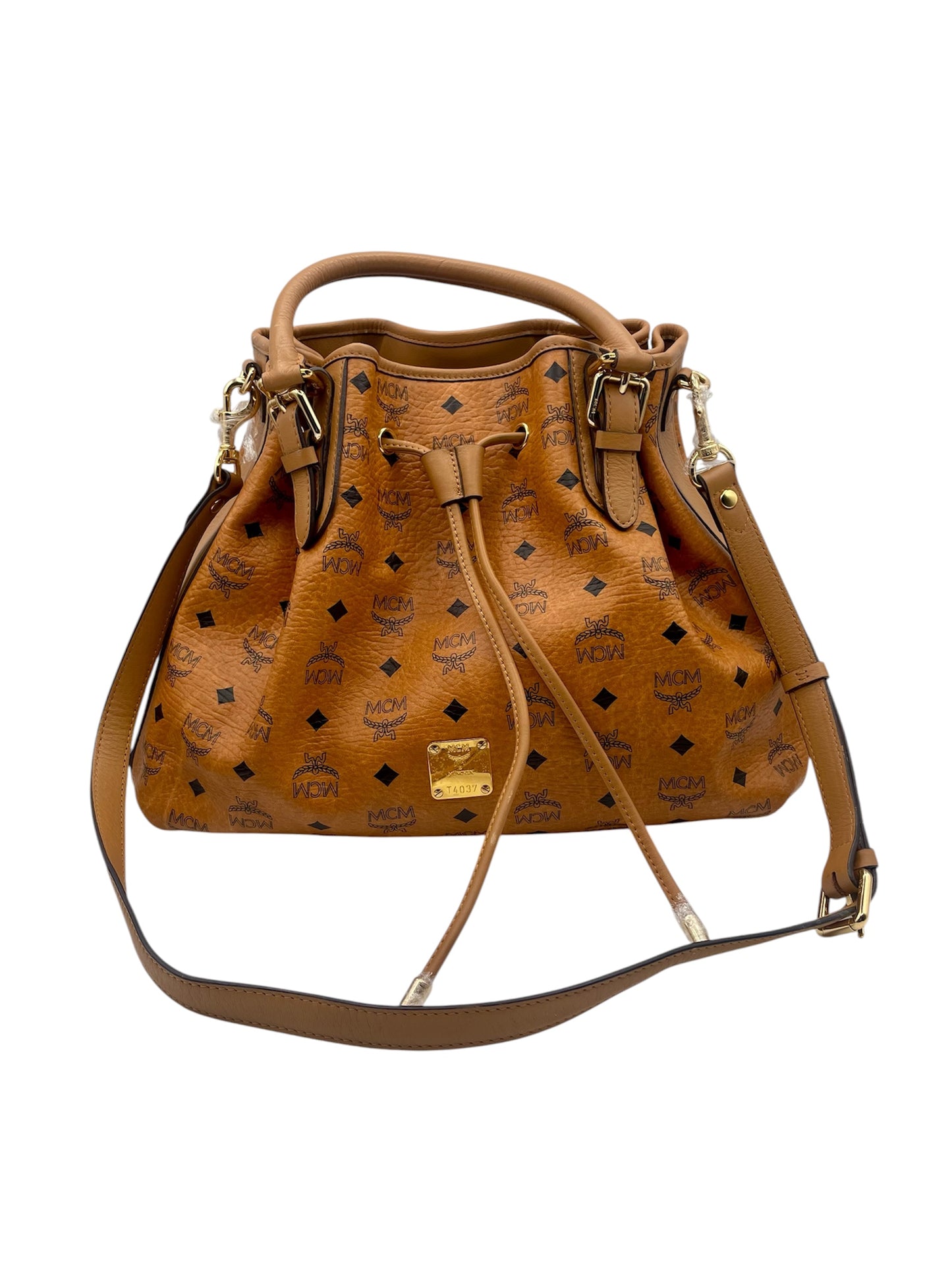 MCM Visetos Drawstring Tote – Cognac Monogram Leather w/Top Handles & Strap