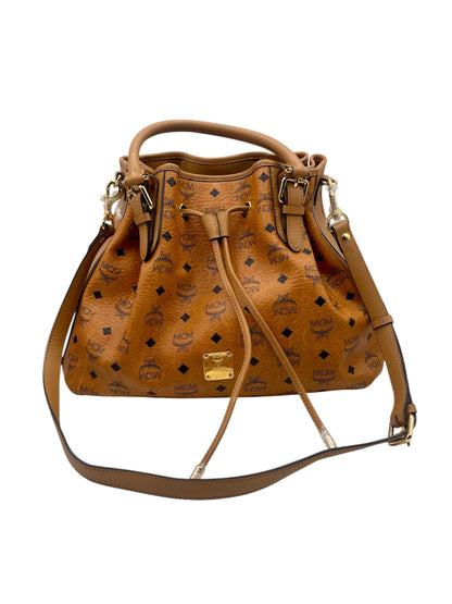MCM Visetos Drawstring Tote – Cognac Monogram Leather w/Top Handles & Strap