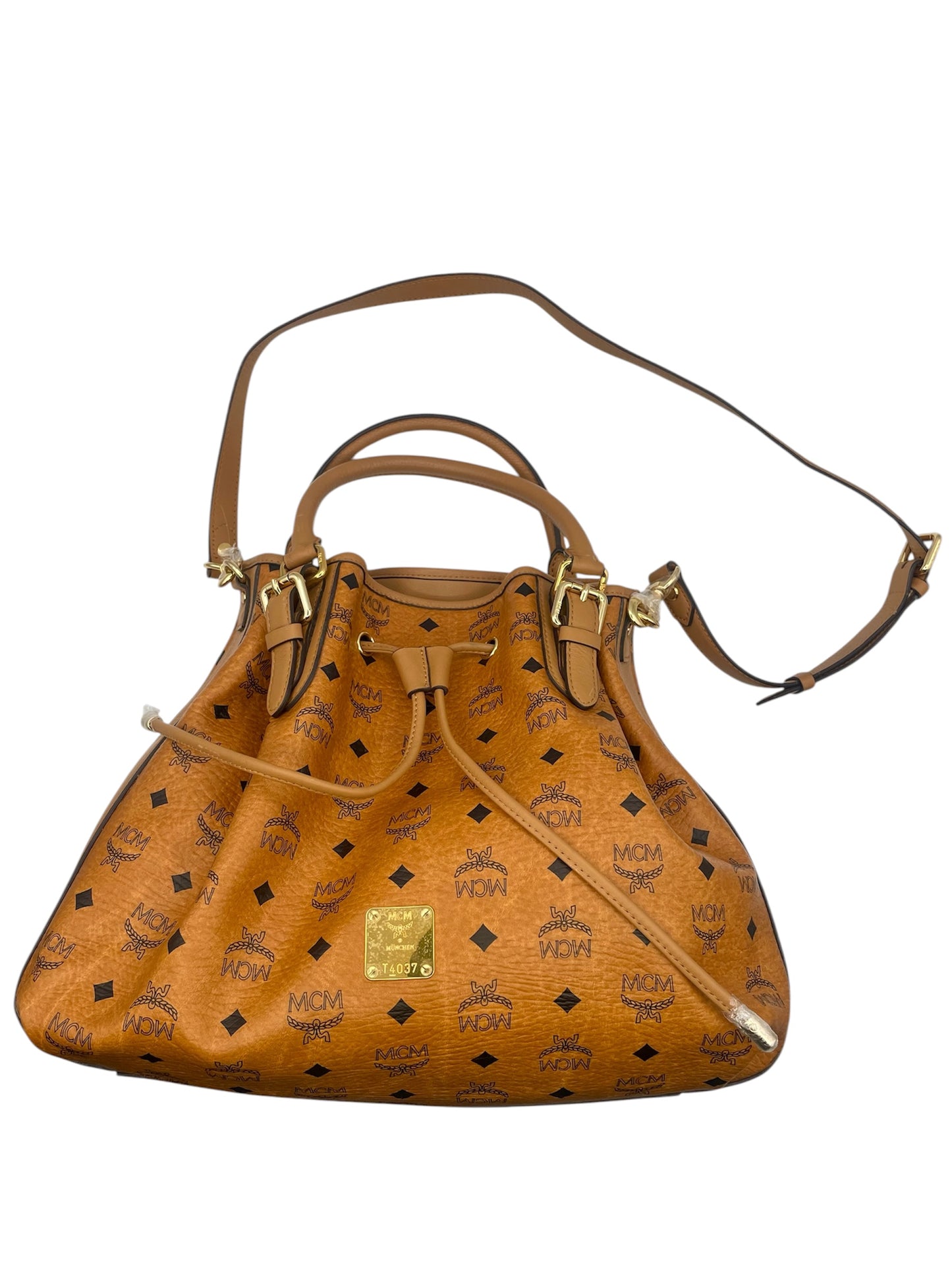 MCM Visetos Drawstring Tote – Cognac Monogram Leather w/Top Handles & Strap