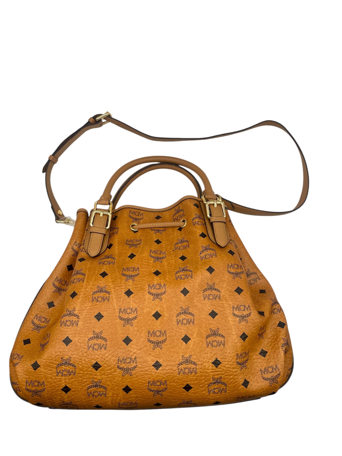 MCM Visetos Drawstring Tote – Cognac Monogram Leather w/Top Handles & Strap