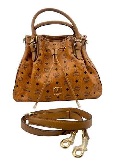 MCM Visetos Drawstring Tote – Cognac Monogram Leather w/Top Handles & Strap
