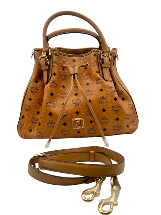 MCM Visetos Drawstring Tote – Cognac Monogram Leather w/Top Handles & Strap