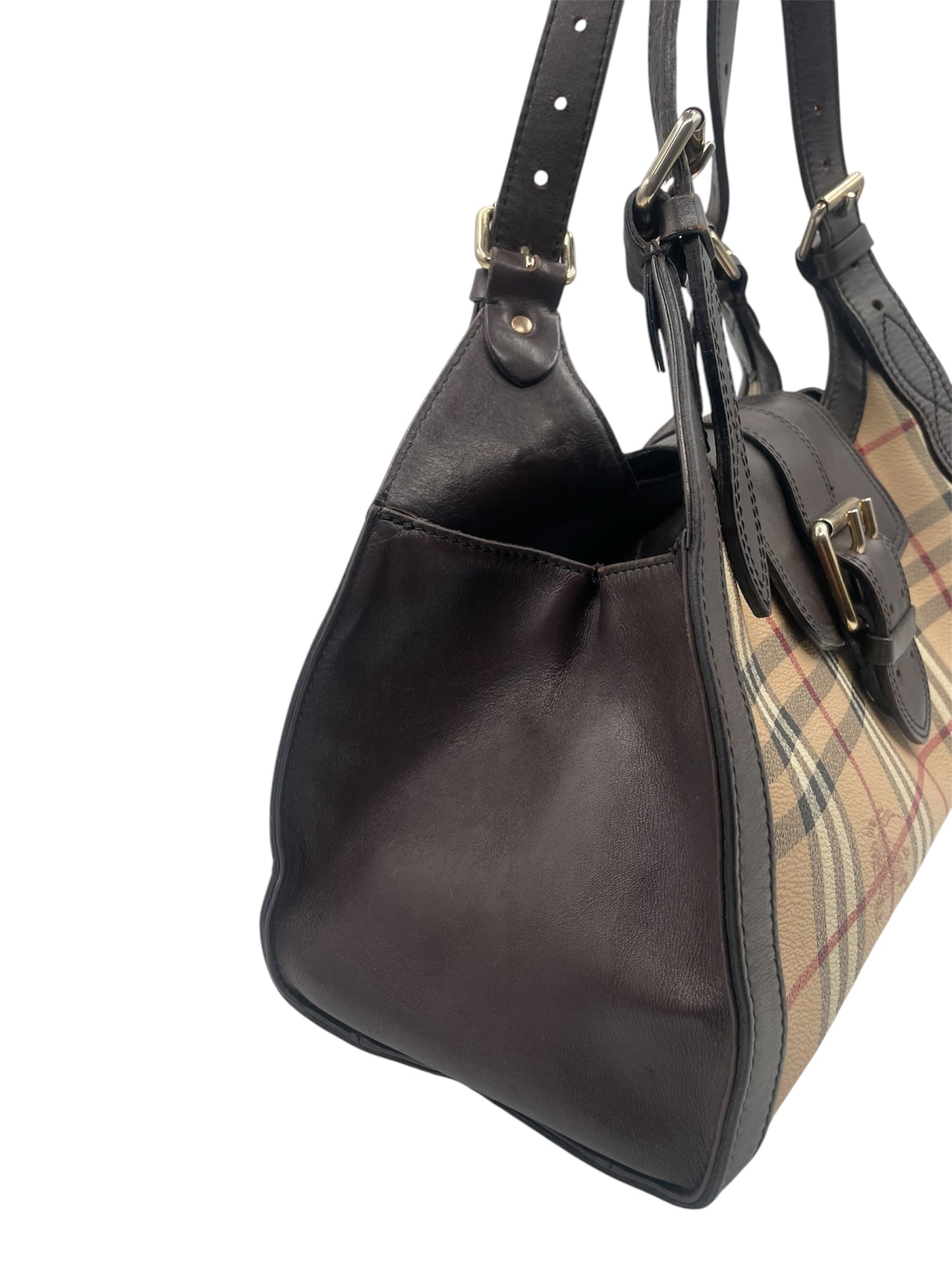 Burberry Haymarket Check Tote – Dark Brown Leather Trim & Gold Hardware