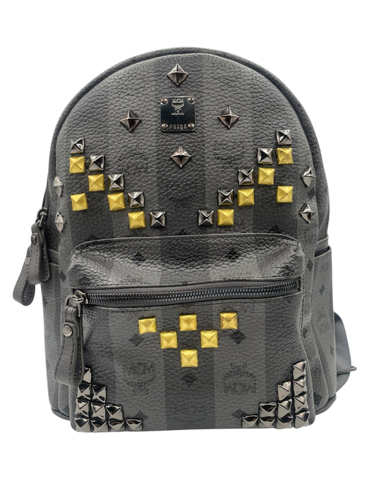 MCM Stark Studded Backpack Visetos w/Gold & Gunmetal Studs- Grey