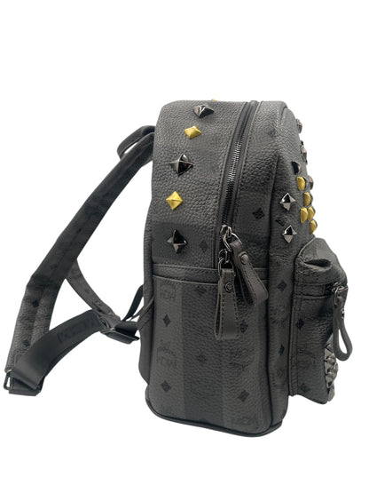 MCM Stark Studded Backpack Visetos w/Gold & Gunmetal Studs- Grey