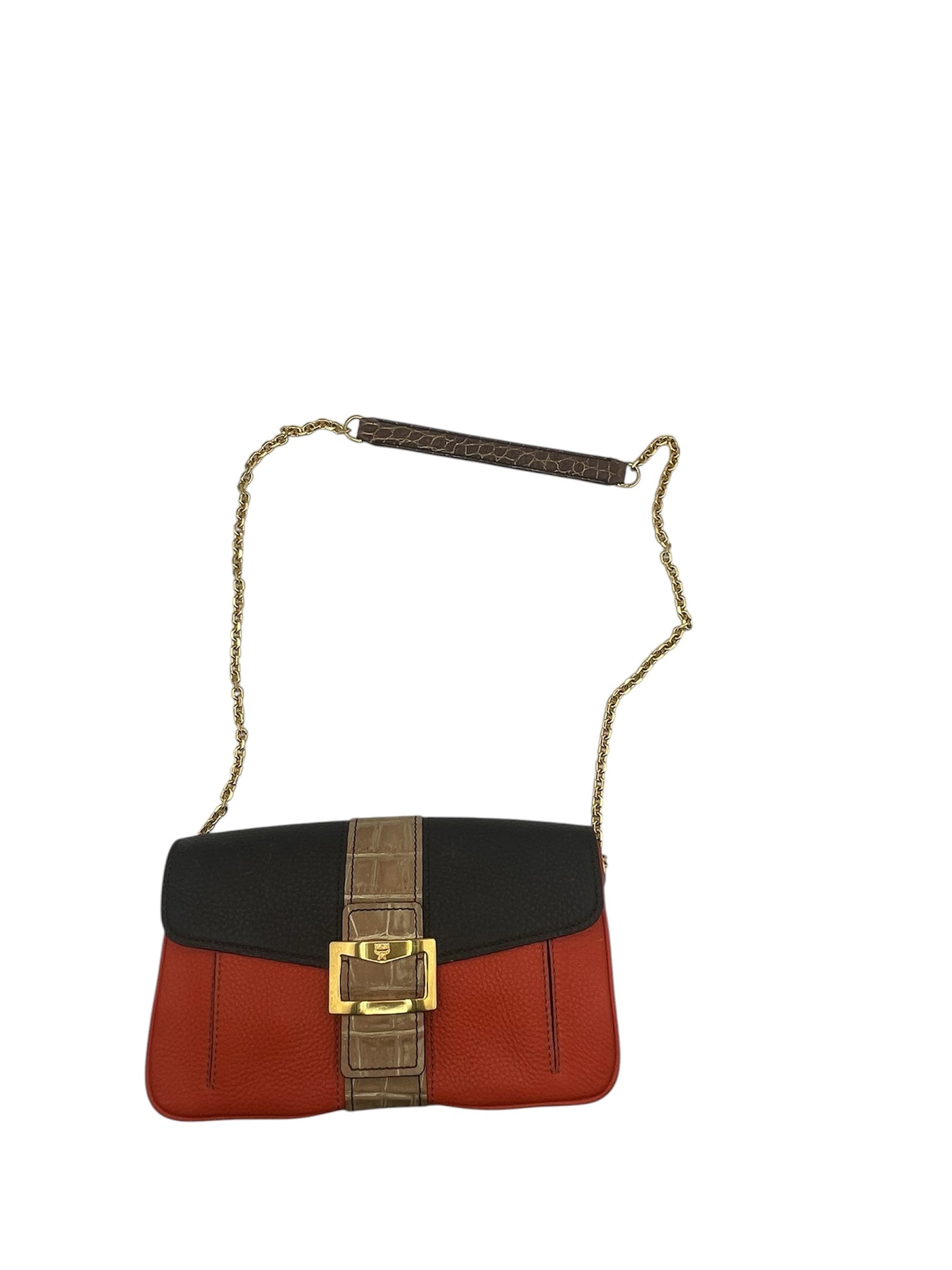 MCM Colorblock Leather Chain Crossbody – Orange, Black & Croc‑Embossed Trim