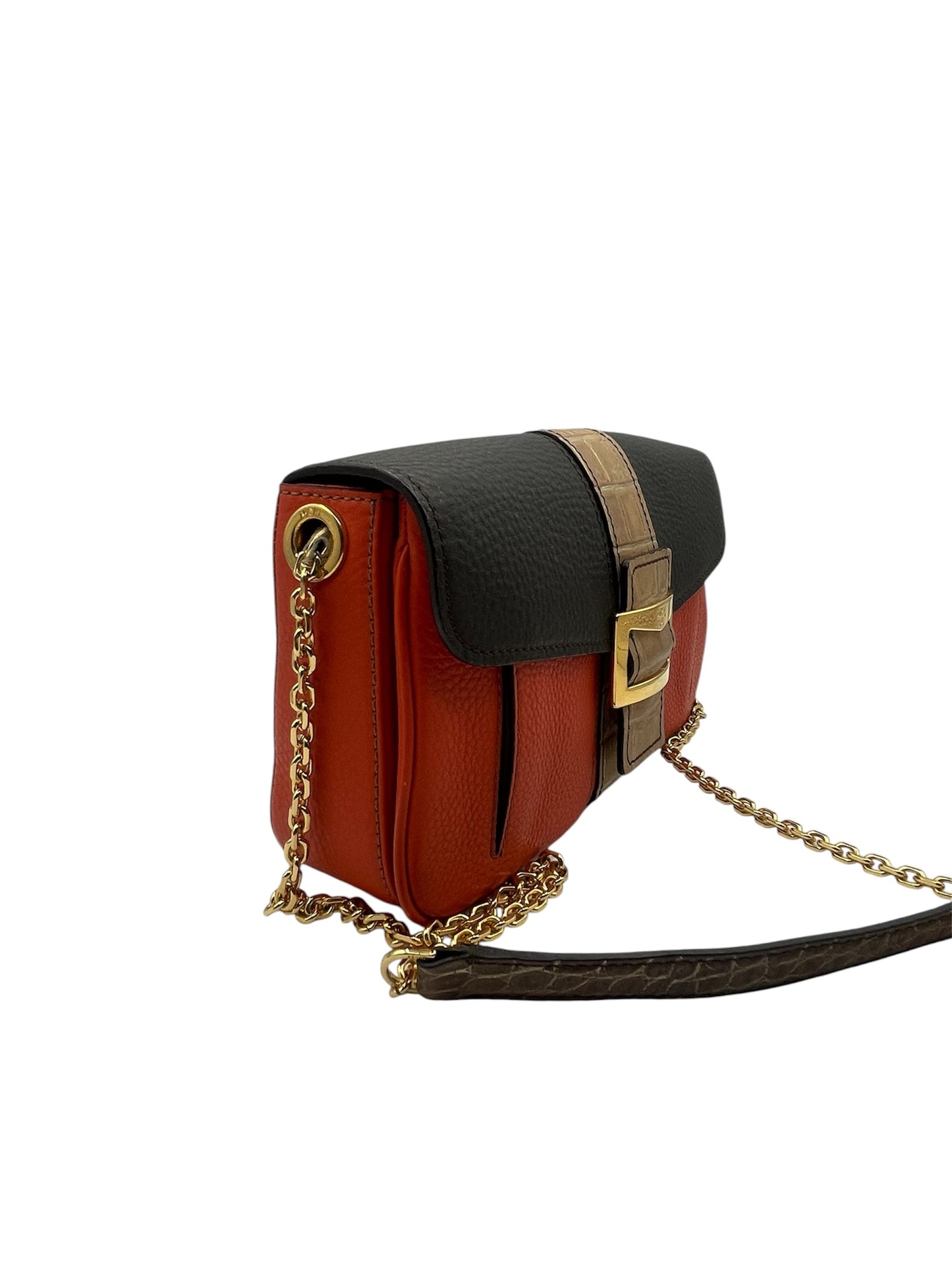 MCM Colorblock Leather Chain Crossbody – Orange, Black & Croc‑Embossed Trim