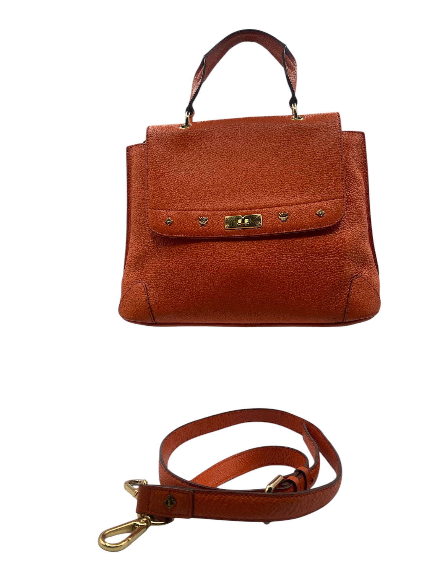 MCM Patricia Pebbled Leather Satchel Top Handle Crossbody Purse- Orange