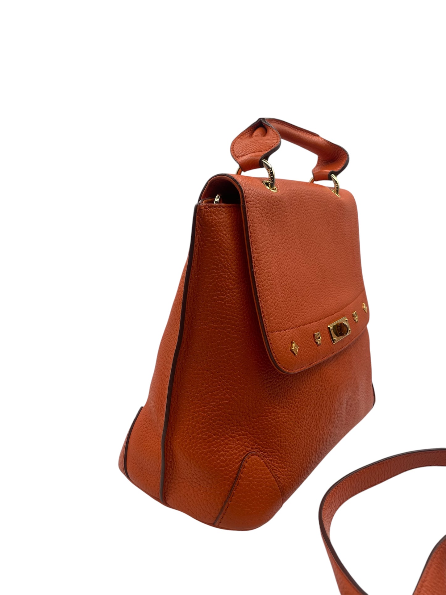 MCM Patricia Pebbled Leather Satchel Top Handle Crossbody Purse- Orange