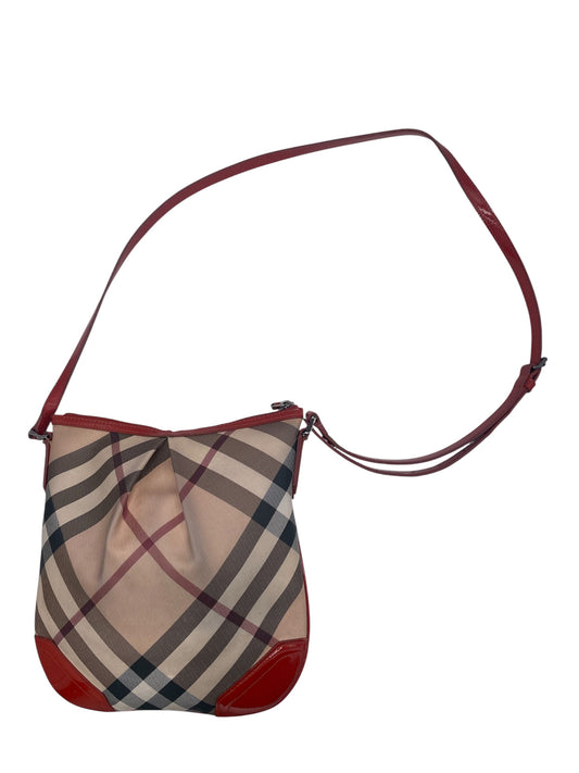 Burberry Nova Check Crossbody Bag Red Patent Leather Trim Shoulder Bag