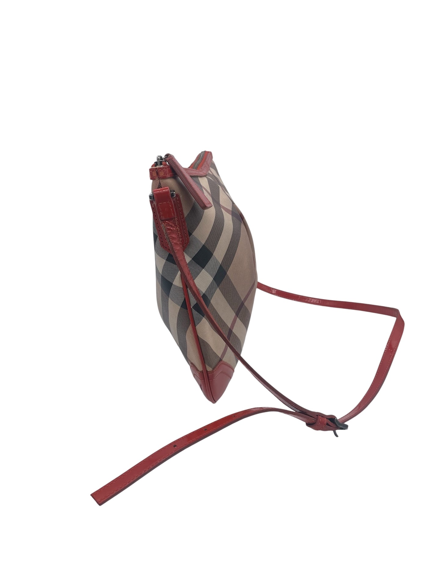 Burberry Nova Check Crossbody Bag Red Patent Leather Trim Shoulder Bag