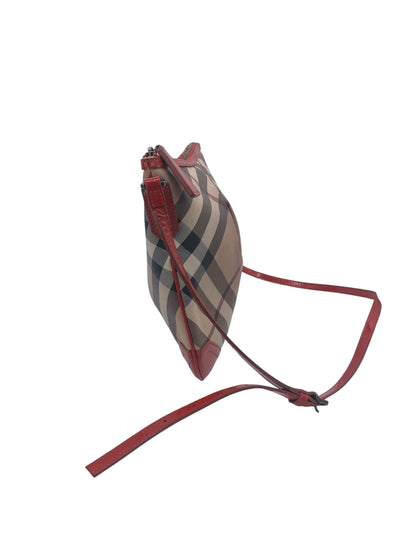 Burberry Nova Check Crossbody Bag Red Patent Leather Trim Shoulder Bag