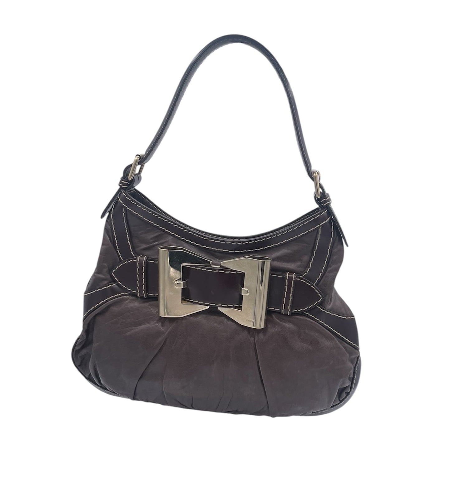 Gucci Jackie Horsebit Hobo Contrast Stitching Leather Shoulder Bag- Dark Brown