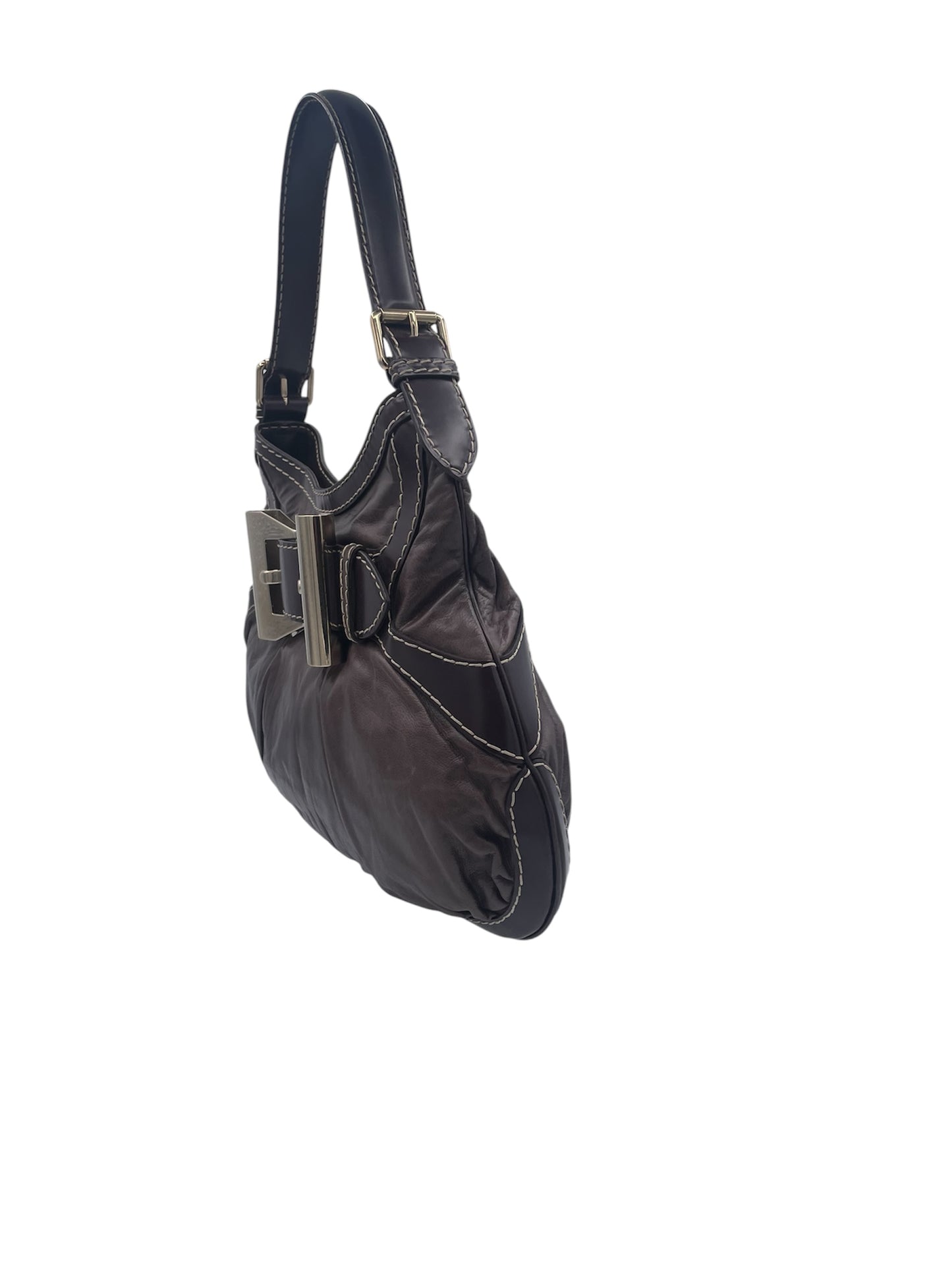 Gucci Jackie Horsebit Hobo Contrast Stitching Leather Shoulder Bag- Dark Brown