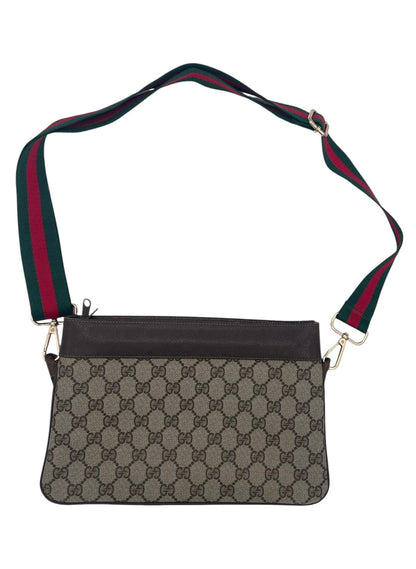 Gucci GG Canvas Shoulder Bag  w/Replacement Web Strap- Brown Leather Trim