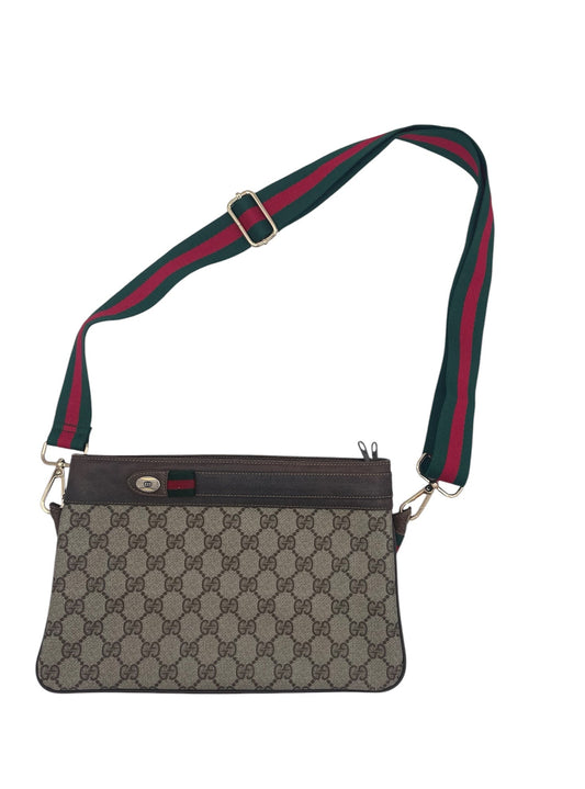 Gucci GG Canvas Shoulder Bag  w/Replacement Web Strap- Brown Leather Trim