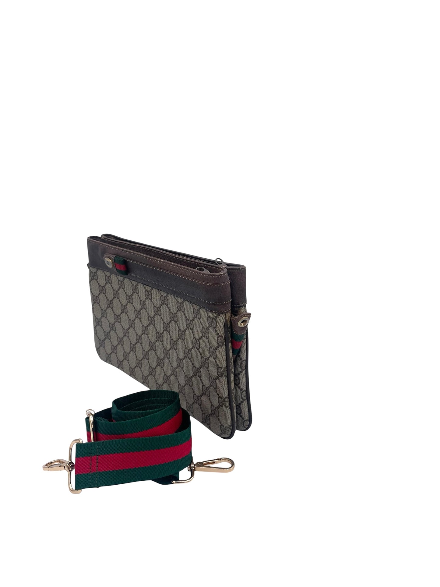 Gucci GG Canvas Shoulder Bag  w/Replacement Web Strap- Brown Leather Trim