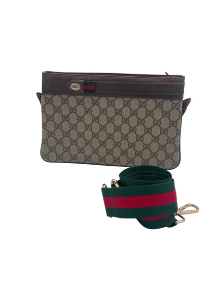 Gucci GG Canvas Shoulder Bag  w/Replacement Web Strap- Brown Leather Trim