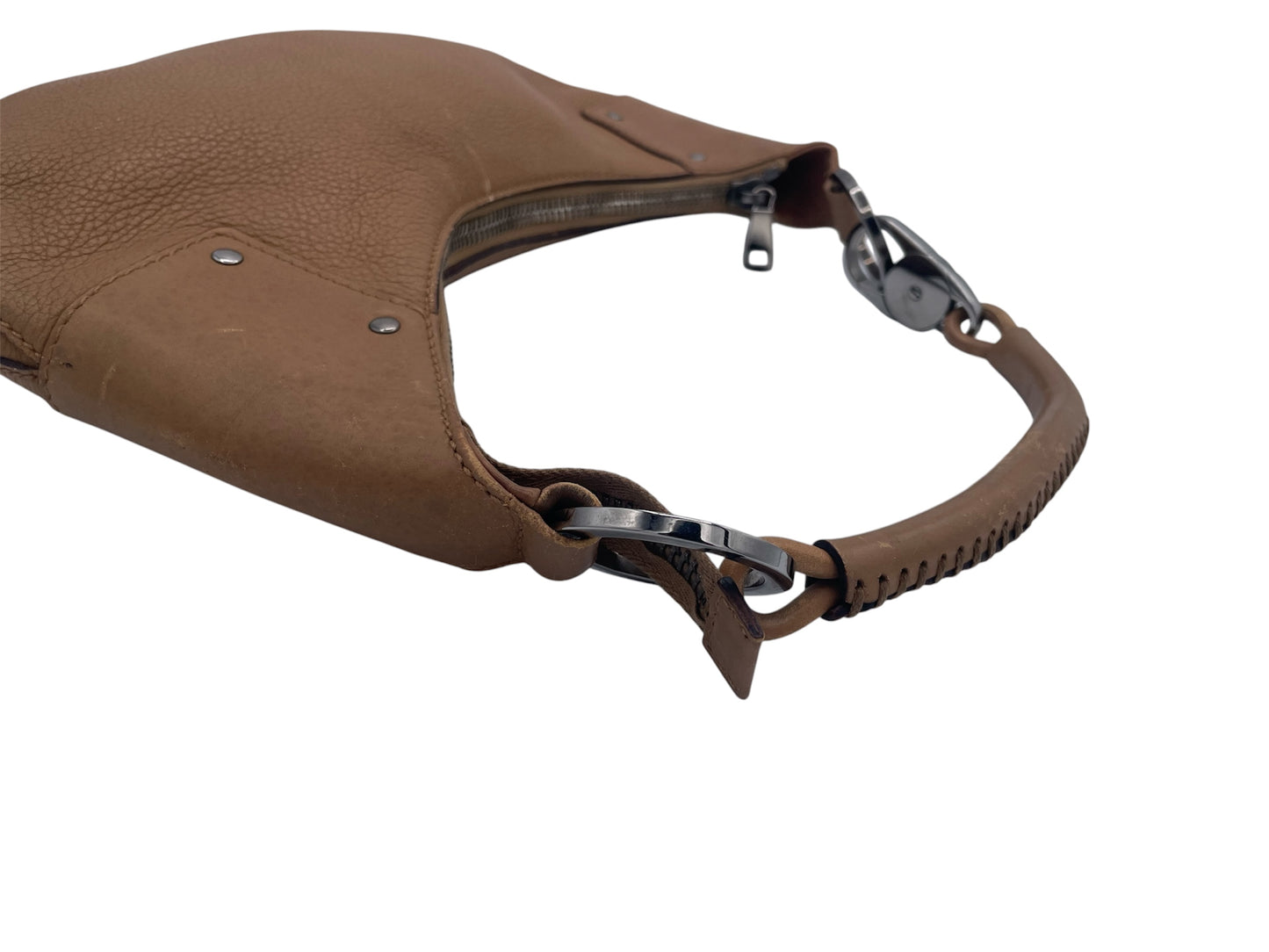 Gucci Leather Crescent Hobo Silver Hardware Thick Strap Rings- Tan