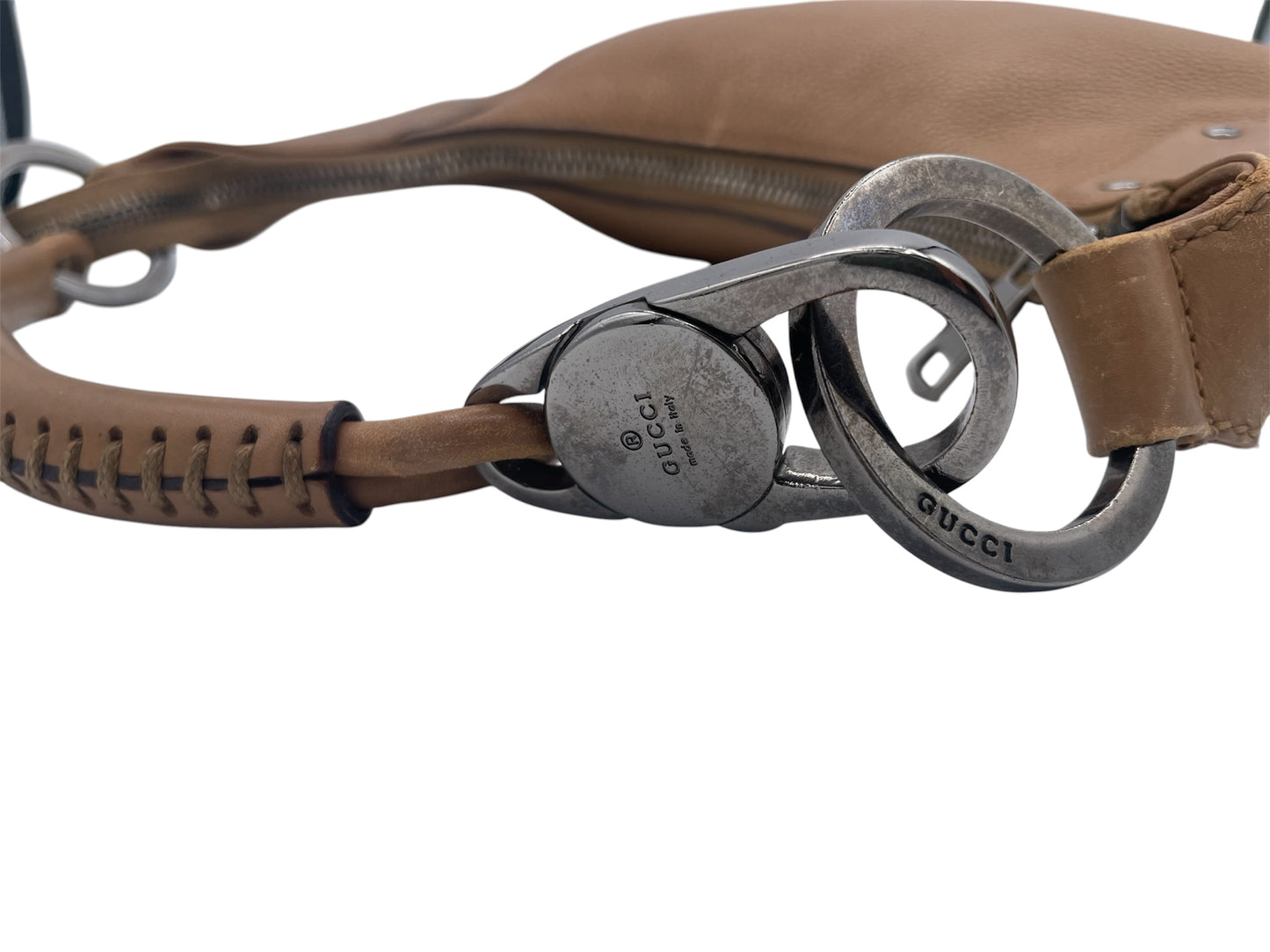 Gucci Leather Crescent Hobo Silver Hardware Thick Strap Rings- Tan