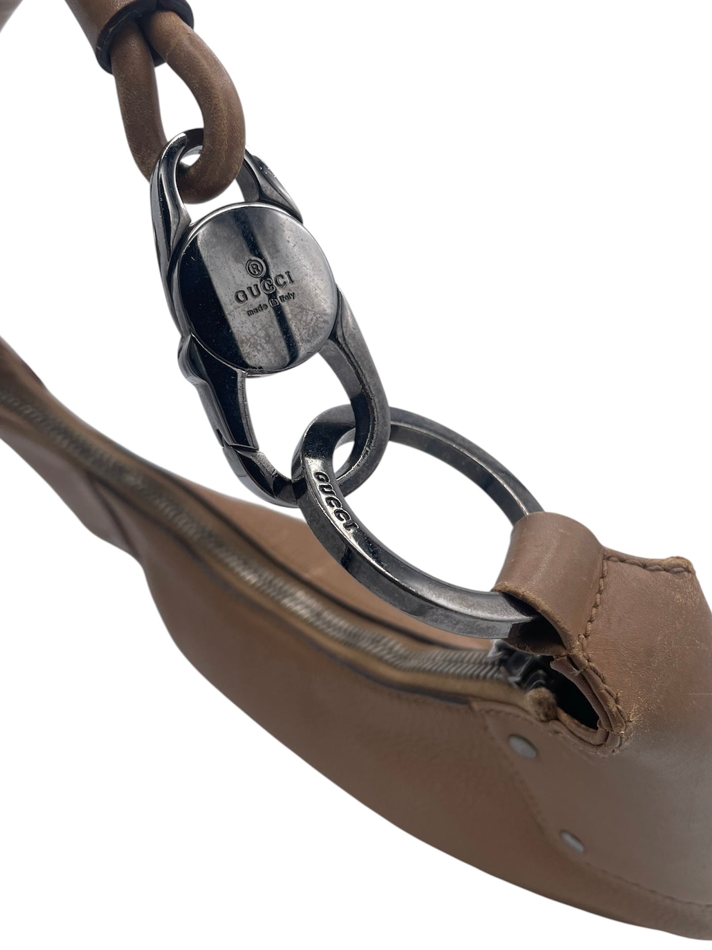 Gucci Leather Crescent Hobo Silver Hardware Thick Strap Rings- Tan
